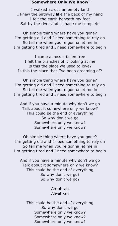 somewhere only we know lyrics